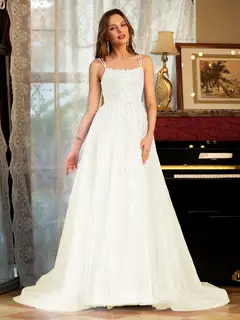A-Line/Princess Tulle Spaghetti Straps Applique Long Prom Dresses — view 20