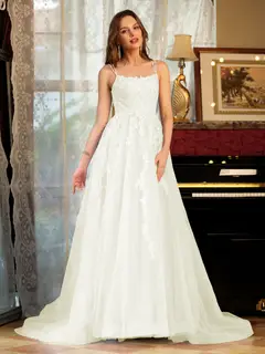 A-Line/Princess Tulle Spaghetti Straps Applique Long Prom Dresses — view 21