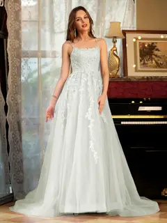 A-Line/Princess Tulle Spaghetti Straps Applique Long Prom Dresses — view 22
