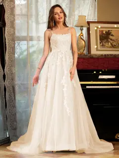 A-Line/Princess Tulle Spaghetti Straps Applique Long Prom Dresses — view 23