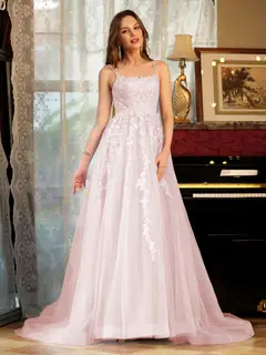 A-Line/Princess Tulle Spaghetti Straps Applique Long Prom Dresses — view 25