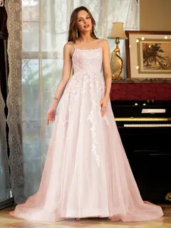A-Line/Princess Tulle Spaghetti Straps Applique Long Prom Dresses — view 26