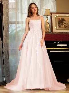 A-Line/Princess Tulle Spaghetti Straps Applique Long Prom Dresses — view 27