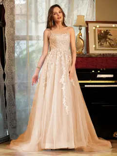 A-Line/Princess Tulle Spaghetti Straps Applique Long Prom Dresses — view 29