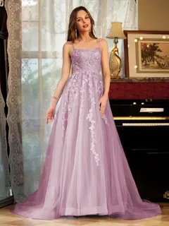 A-Line/Princess Tulle Spaghetti Straps Applique Long Prom Dresses — view 31