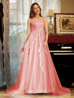 A-Line/Princess Tulle Spaghetti Straps Applique Long Prom Dresses — view 32