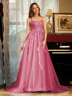 A-Line/Princess Tulle Spaghetti Straps Applique Long Prom Dresses — view 33