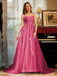 A-Line/Princess Tulle Spaghetti Straps Applique Long Prom Dresses — view 34