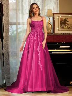 A-Line/Princess Tulle Spaghetti Straps Applique Long Prom Dresses — view 35