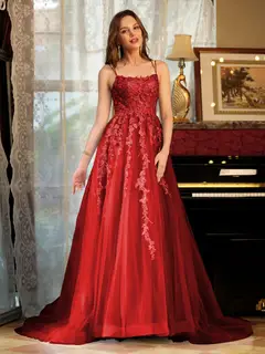 A-Line/Princess Tulle Spaghetti Straps Applique Long Prom Dresses — view 36