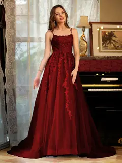 A-Line/Princess Tulle Spaghetti Straps Applique Long Prom Dresses — view 37