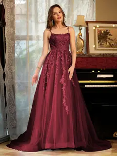 A-Line/Princess Tulle Spaghetti Straps Applique Long Prom Dresses — view 38
