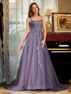 A-Line/Princess Tulle Spaghetti Straps Applique Long Prom Dresses — view 39