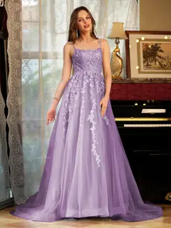 A-Line/Princess Tulle Spaghetti Straps Applique Long Prom Dresses — view 40