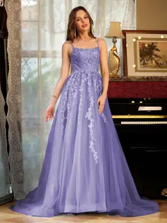 A-Line/Princess Tulle Spaghetti Straps Applique Long Prom Dresses — view 41