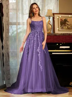 A-Line/Princess Tulle Spaghetti Straps Applique Long Prom Dresses — view 42