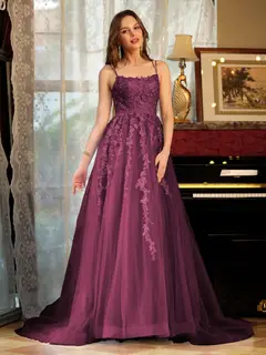 A-Line/Princess Tulle Spaghetti Straps Applique Long Prom Dresses — view 43