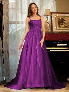 A-Line/Princess Tulle Spaghetti Straps Applique Long Prom Dresses — view 44