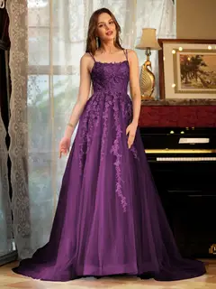 A-Line/Princess Tulle Spaghetti Straps Applique Long Prom Dresses — view 45