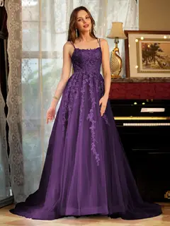 A-Line/Princess Tulle Spaghetti Straps Applique Long Prom Dresses — view 46