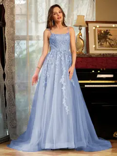 A-Line/Princess Tulle Spaghetti Straps Applique Long Prom Dresses — view 47