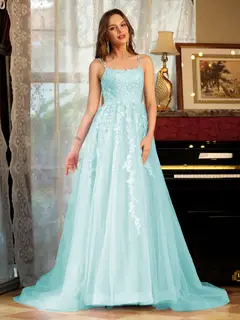 A-Line/Princess Tulle Spaghetti Straps Applique Long Prom Dresses — view 48