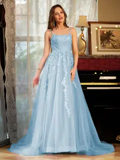A-Line/Princess Tulle Spaghetti Straps Applique Long Prom Dresses — view 49