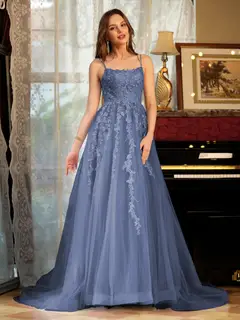 A-Line/Princess Tulle Spaghetti Straps Applique Long Prom Dresses — view 50