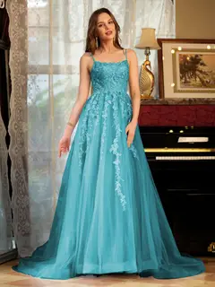 A-Line/Princess Tulle Spaghetti Straps Applique Long Prom Dresses — view 51