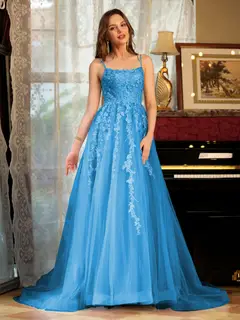 A-Line/Princess Tulle Spaghetti Straps Applique Long Prom Dresses — view 52