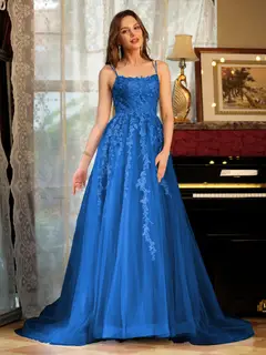 A-Line/Princess Tulle Spaghetti Straps Applique Long Prom Dresses — view 53