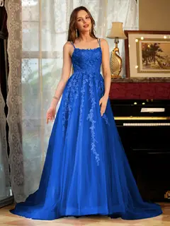 A-Line/Princess Tulle Spaghetti Straps Applique Long Prom Dresses — view 54