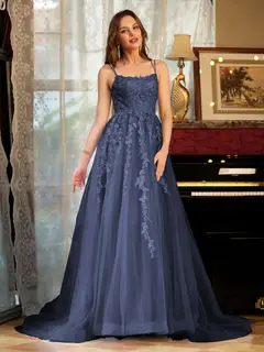 A-Line/Princess Tulle Spaghetti Straps Applique Long Prom Dresses — view 56
