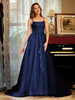 A-Line/Princess Tulle Spaghetti Straps Applique Long Prom Dresses — view 58