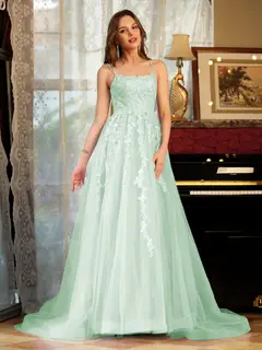A-Line/Princess Tulle Spaghetti Straps Applique Long Prom Dresses — view 59