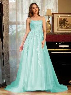 A-Line/Princess Tulle Spaghetti Straps Applique Long Prom Dresses — view 61