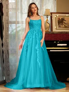 A-Line/Princess Tulle Spaghetti Straps Applique Long Prom Dresses — view 62