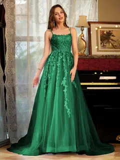 A-Line/Princess Tulle Spaghetti Straps Applique Long Prom Dresses — view 63