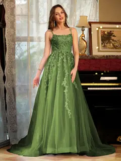 A-Line/Princess Tulle Spaghetti Straps Applique Long Prom Dresses — view 64