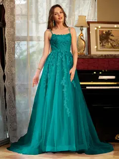 A-Line/Princess Tulle Spaghetti Straps Applique Long Prom Dresses — view 65