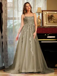 A-Line/Princess Tulle Spaghetti Straps Applique Long Prom Dresses — view 72