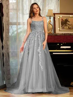 A-Line/Princess Tulle Spaghetti Straps Applique Long Prom Dresses — view 73