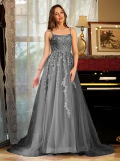A-Line/Princess Tulle Spaghetti Straps Applique Long Prom Dresses — view 74