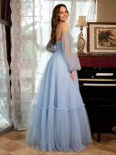 A-Line/Princess Tulle Sweetheart Long Prom Dresses with Belt — view 2