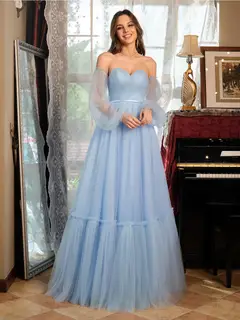 A-Line/Princess Tulle Sweetheart Long Prom Dresses with Belt — view 3
