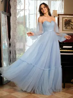 A-Line/Princess Tulle Sweetheart Long Prom Dresses with Belt — view 4