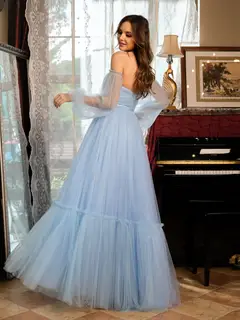 A-Line/Princess Tulle Sweetheart Long Prom Dresses with Belt — view 5