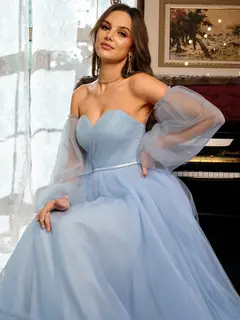 A-Line/Princess Tulle Sweetheart Long Prom Dresses with Belt — view 6