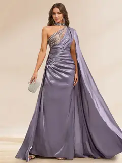 Sheath/Column Illusion One Shoulder Cape Sleeve Sweep train Evening Dresses with Beading & Overskirt — view 1