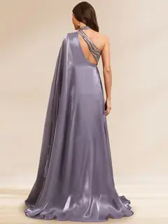 Sheath/Column Illusion One Shoulder Cape Sleeve Sweep train Evening Dresses with Beading & Overskirt — view 2